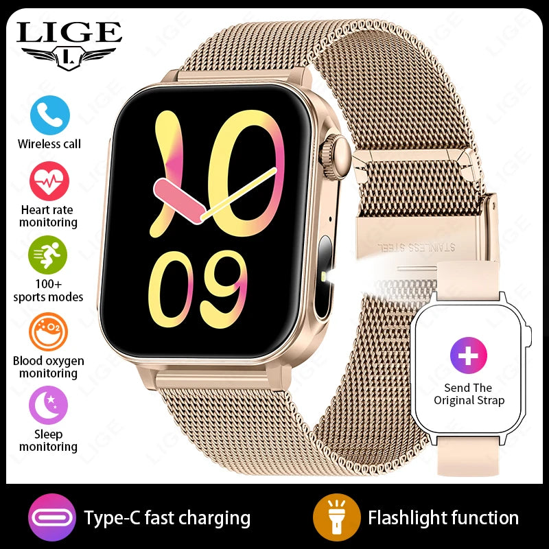 LIGE Type-C Smartwatch Men Women Health Manager Bluetooth Call Waterproof Sports Flashlight Smart Watch For Android iOS Phone