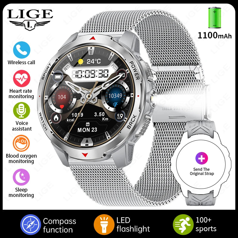 LIGE 1.7“ HD Screen LED Flashlight Outdoor Sports Smart Watch 2025 New 1100mAh Battery Compass 3ATM Waterproof SmartWatch Men