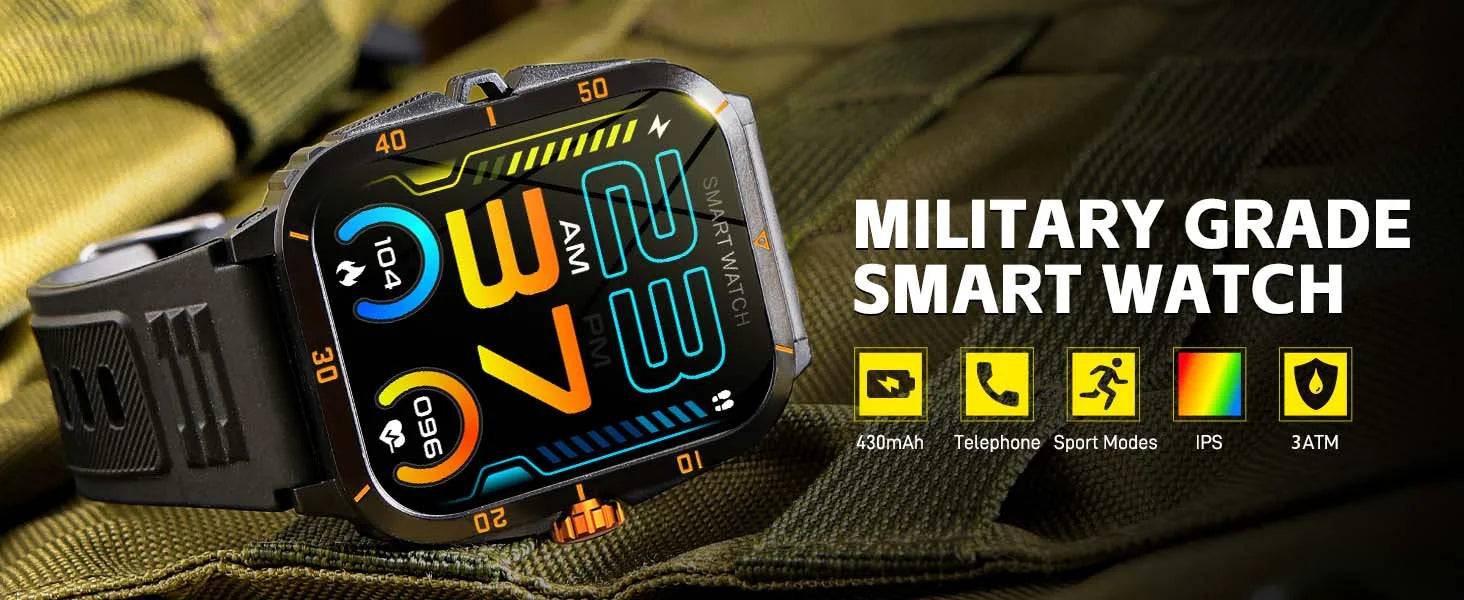 EIGIIS Smart Watch 3ATM Waterproof 1.96" IPS Screen Military KT71 Men 100+ Sport Mode Heart Rate Blood Pressure Bluetooth Call - Clear Quartz Market