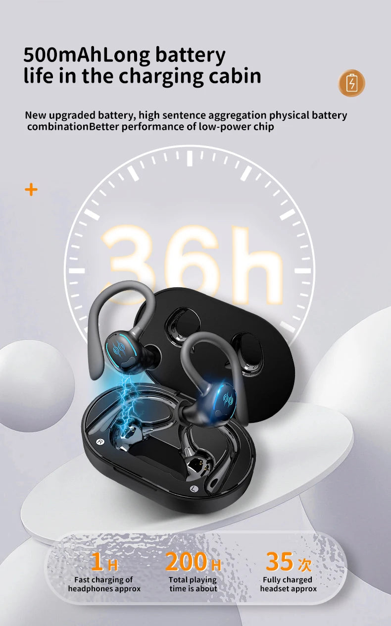 Sports Bluetooth 5.4 Earphones,True Wireless Headphones with Mic Touch Control,Noise Reduction Earhooks Waterproof TWS Earbuds