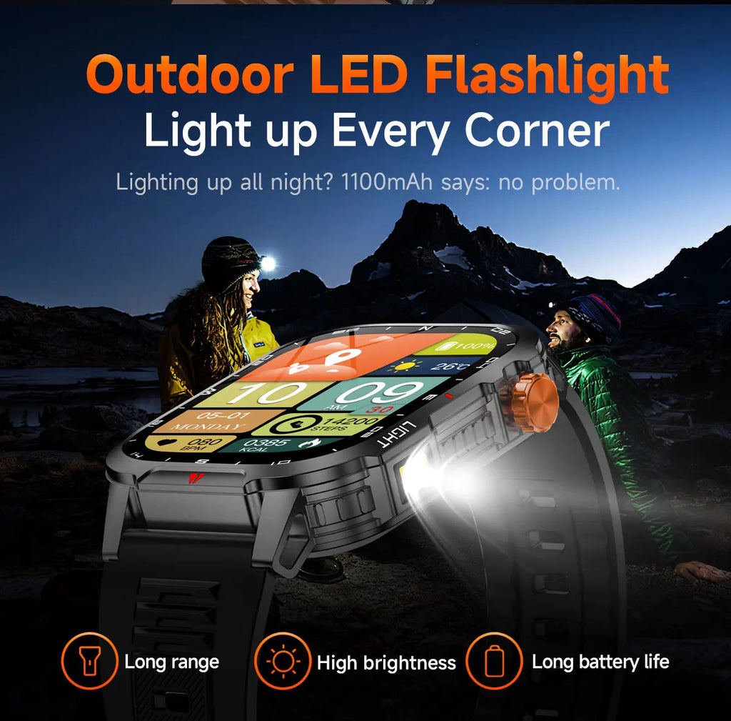 2025 Global Hiking Smartwatch 2.01''Screen 1100mAh Battery LED Light Compass IP68 Voice Assistant Outdoor Sport  Fitness Watch