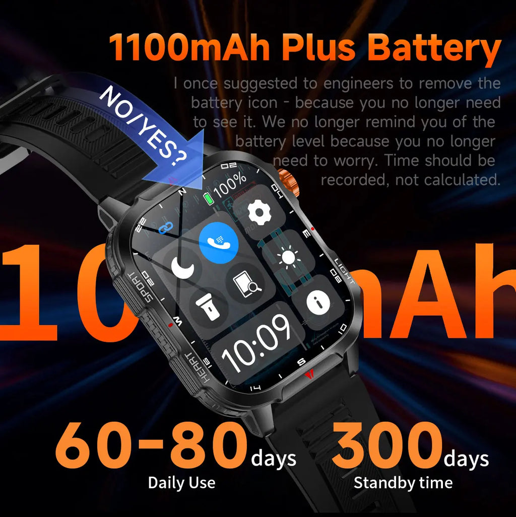 2025 Global Hiking Smartwatch 2.01''Screen 1100mAh Battery LED Light Compass IP68 Voice Assistant Outdoor Sport  Fitness Watch