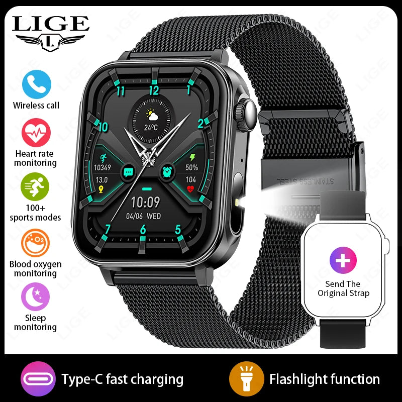 LIGE Type-C Fast Charging Smart Watch Men Women Bluetooth Call Watches LED Flashlight Waterproof Sports Fitness Smartwatch 2025