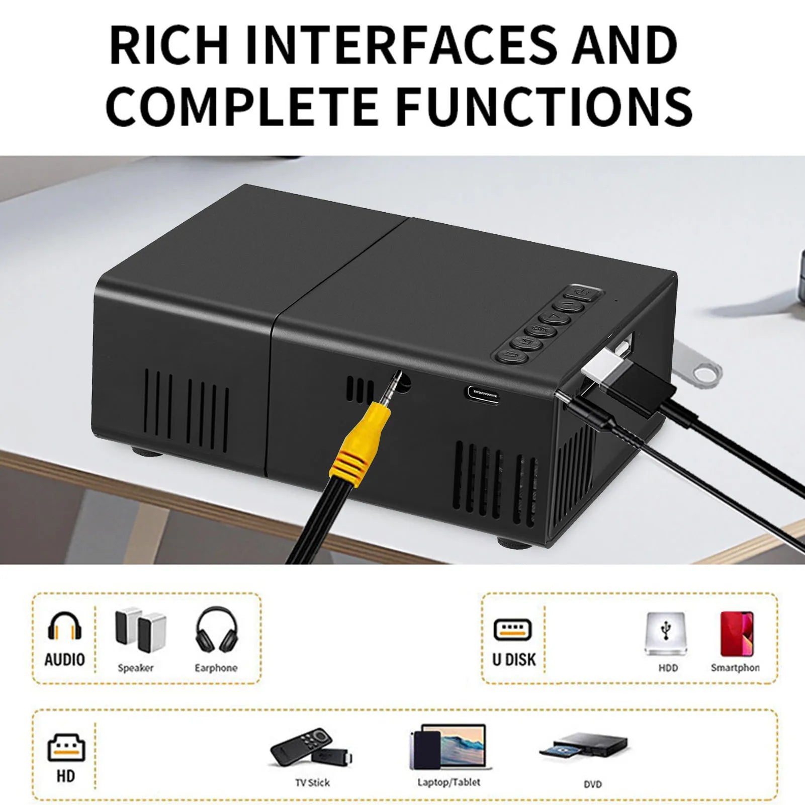 Manual Compact Projector 1080P Adjustable Auto Keystone Correction LED Movie Projector with Stereo Speaker Remote Control