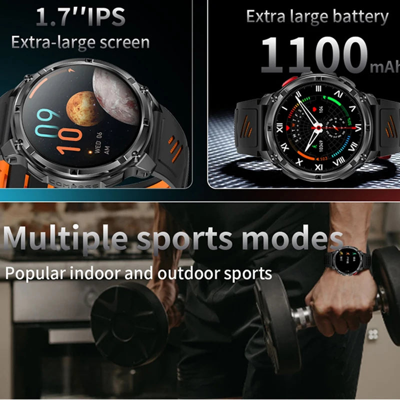 1100mAh Battery Smart Watch 1.7 Inch 360*360 AMOLED HD Screen Men Watch Compass 1ATM Waterproof Bluetooth Call Sports Smartwatch