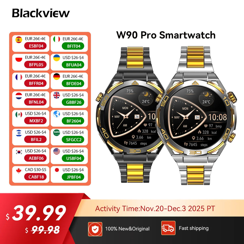 Blackview W90 Pro Smartwatch 1.43" AMOLED Display,Bluetooth Calling,Heart Rate Monitor, 900mAh/ 20Days Standby,Men's Smartwatch