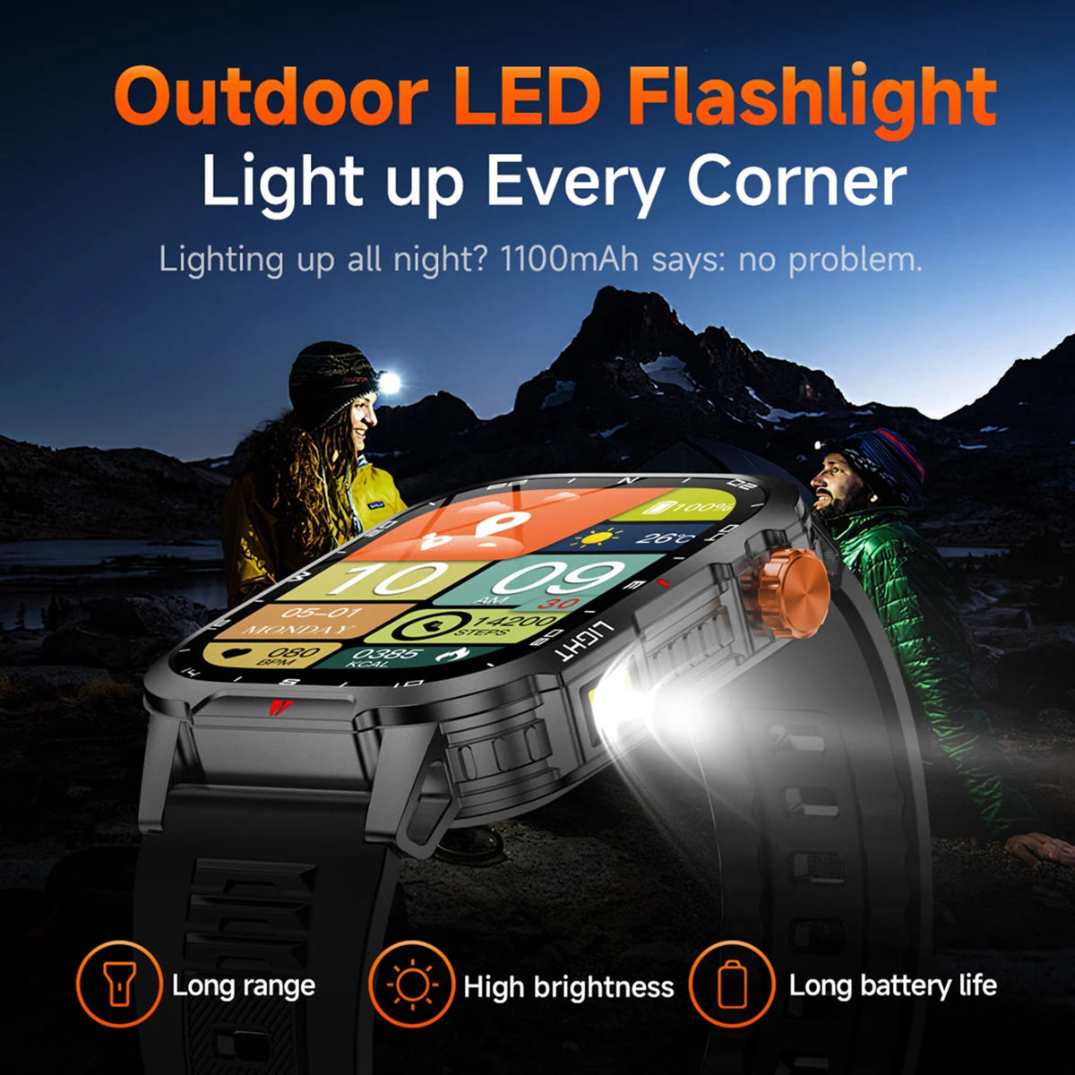 2025 Global Hiking Smartwatch 2.01''Screen 1100mAh Battery LED Light Compass IP68 Voice Assistant Outdoor Sport  Fitness Watch