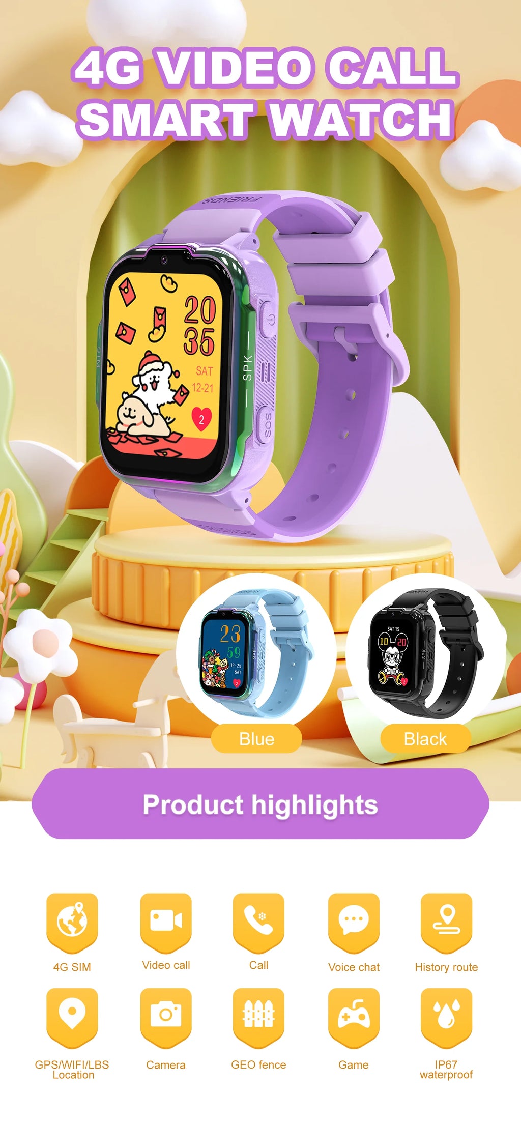 For Android Kids Smart Watch SOS GPS Location Video Call Sim Card For Children SmartWatch Camera Waterproof Watch For Boys Girls