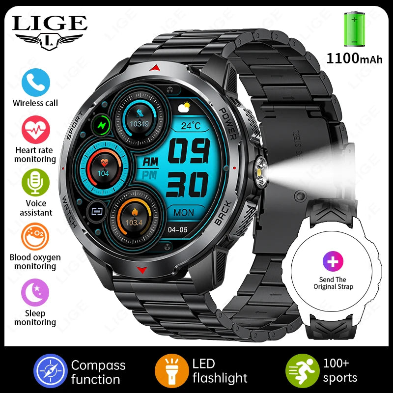 LIGE 1.7“ HD Screen LED Flashlight Outdoor Sports Smart Watch 2025 New 1100mAh Battery Compass 3ATM Waterproof SmartWatch Men
