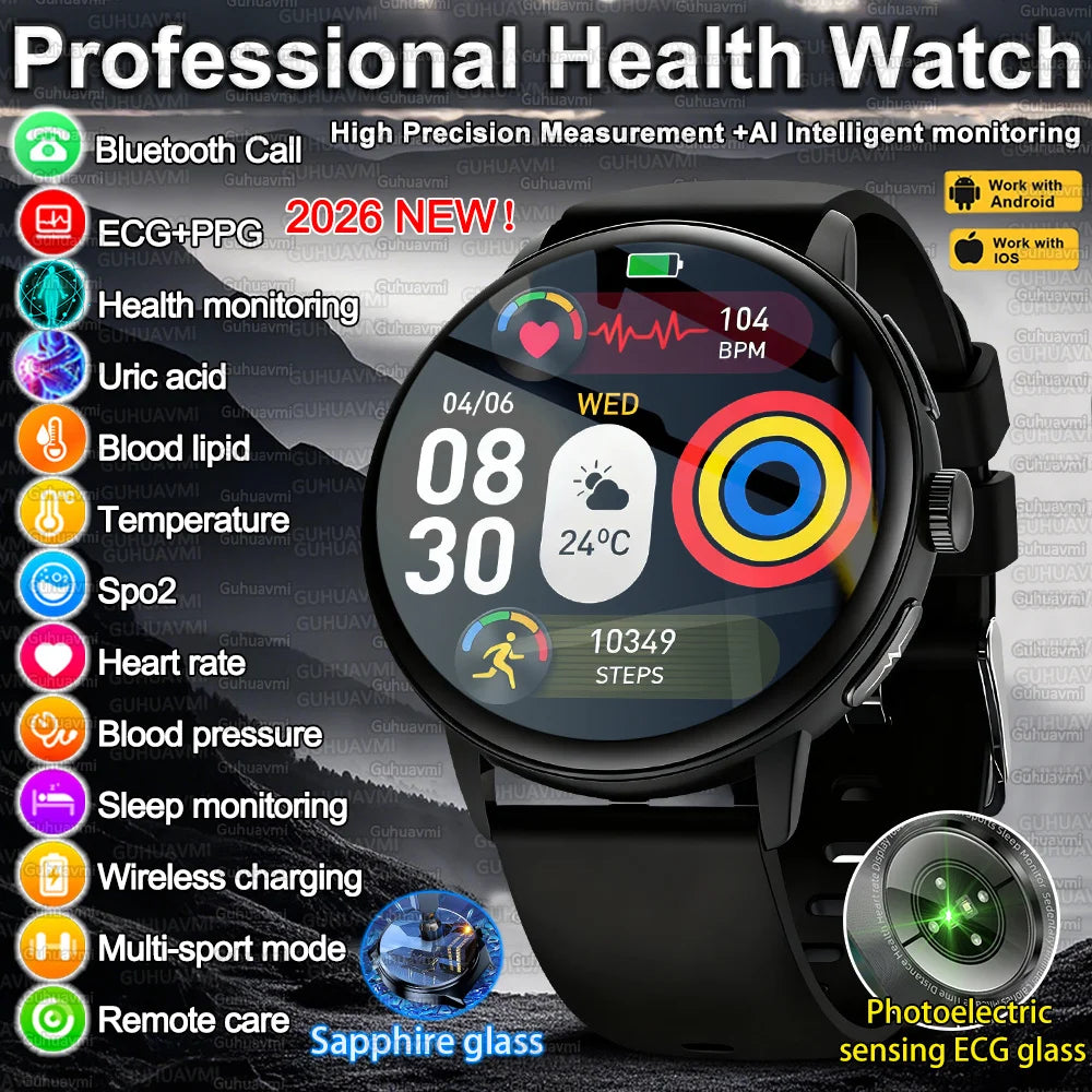 2026 New Professional Health Smart Watch Health Blood oxygen Pressure Uric Acid Blood lipid ECG Sports Call watch For Man Women - Clear Quartz Market