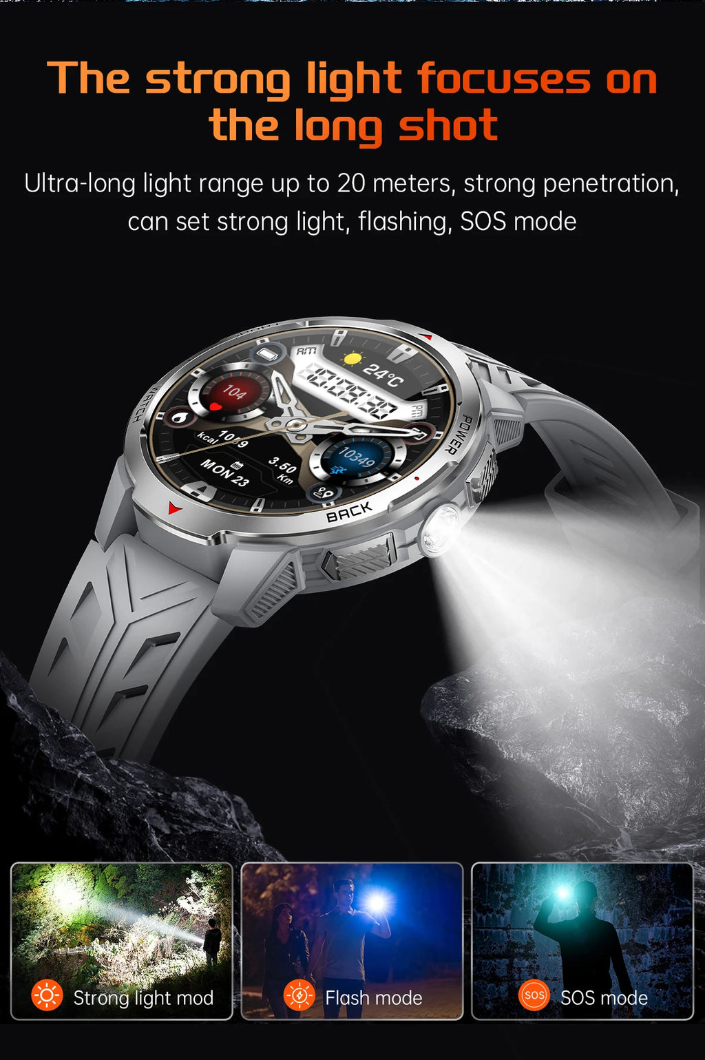 LIGE 1.7“ HD Screen LED Flashlight Outdoor Sports Smart Watch 2025 New 1100mAh Battery Compass 3ATM Waterproof SmartWatch Men