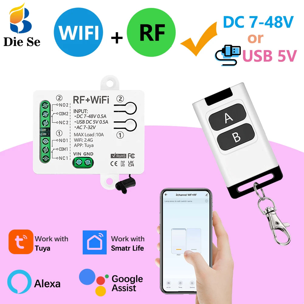 Tuya WiFi Smart Switch DC 12V 24V 2Channels Dry Contact Relay Receiver Wireless Remote Control Switch work with Smart Life,Alexa