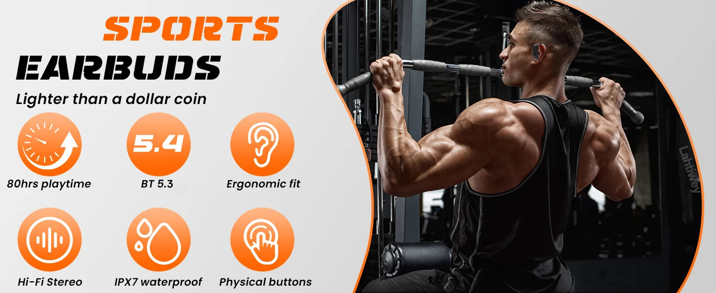 Sports Bluetooth 5.3 Headphones Wireless Earbuds Ear Buds with ENC Noise Canceling Mic LED Power Display IPX7 Waterproof Headset