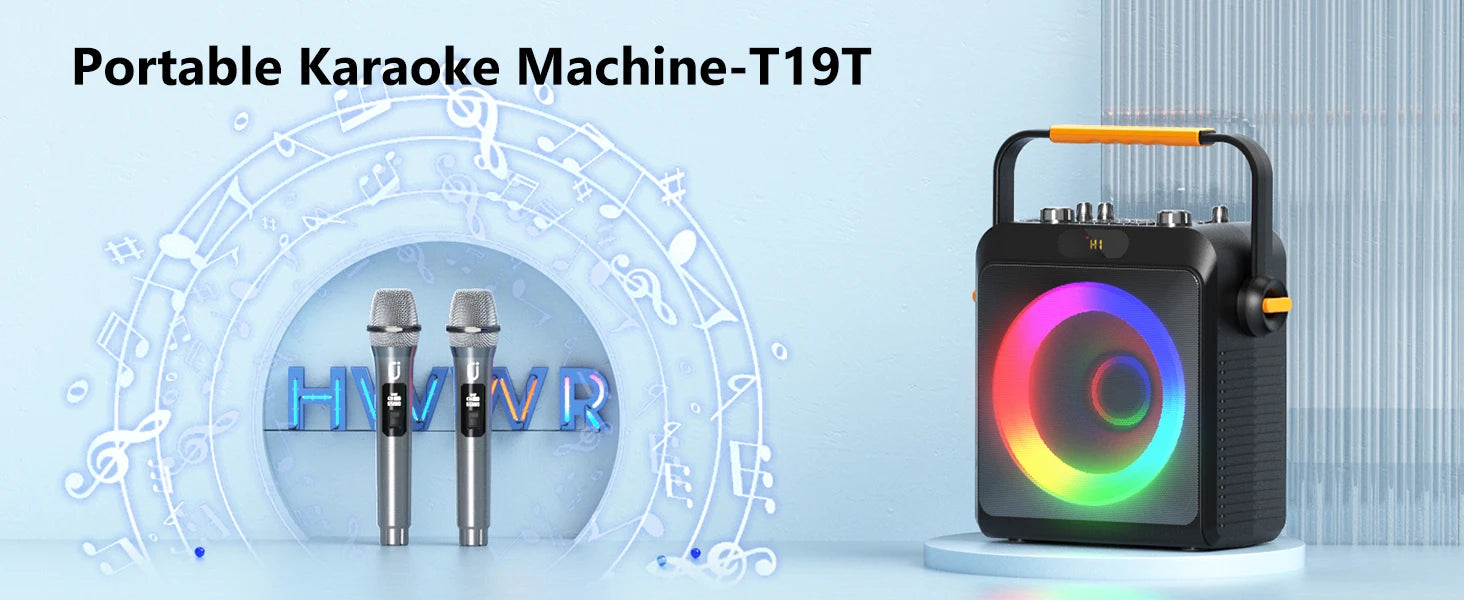 T19-T Karaoke machine with 2 wireless microphones, black Karaoke speakers with bass/treble adjustment
