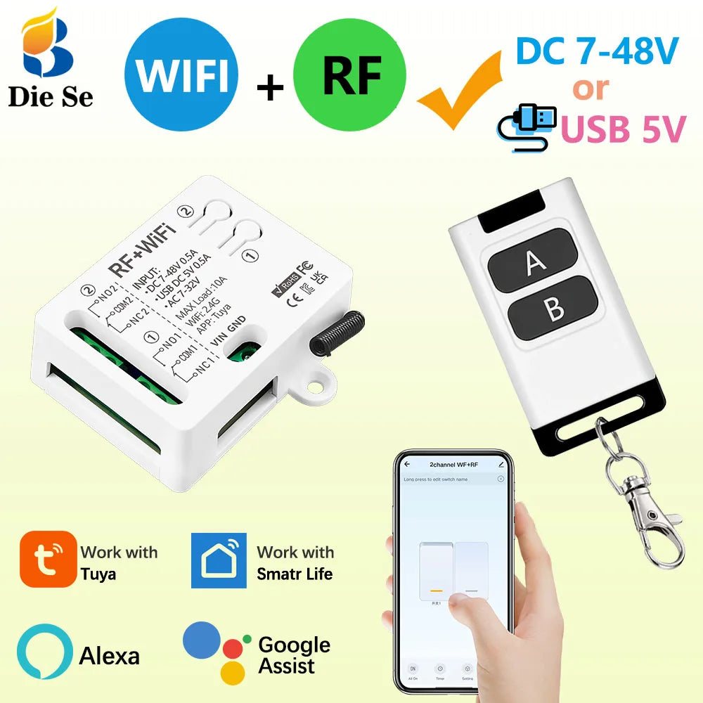 Tuya WiFi Smart Switch DC 12V 24V 2Channels Dry Contact Relay Receiver Wireless Remote Control Switch work with Smart Life,Alexa