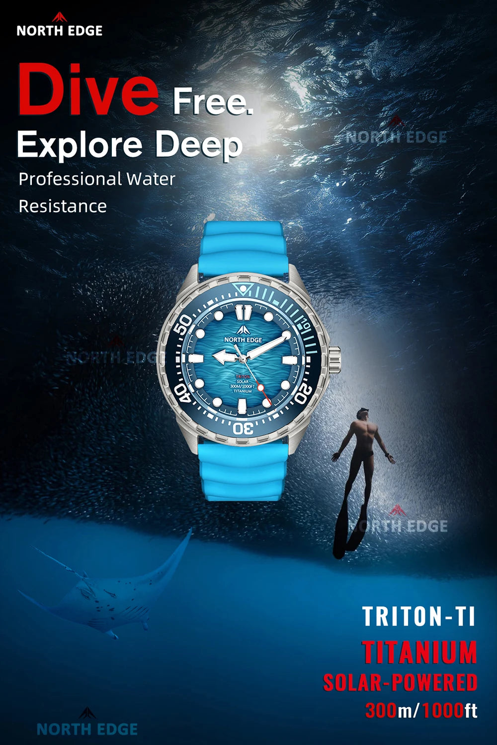 NORTH EDGE TRITON-Ti Solar Powered Dive Watch Titanium Alloy Case Men Luxury Quartz Watches For Men Waterproof 300M