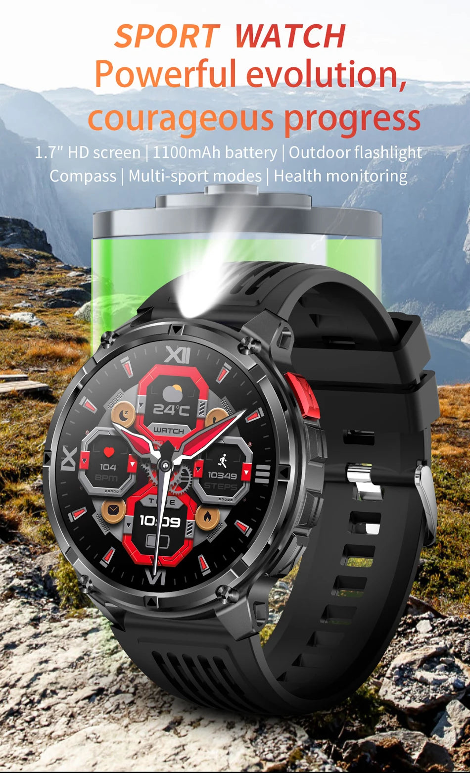 1100mAh Battery Smart Watch 1.7 Inch 360*360 AMOLED HD Screen Men Watch Compass 1ATM Waterproof Bluetooth Call Sports Smartwatch