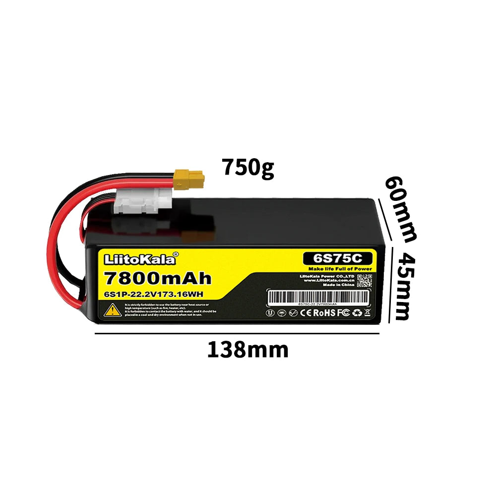 22.2V 50C 60C 80C 100C 6S 6000mAh 10000mAh 12000mAh 16000mAh Lithium Polymer Battery with XT60 X90 Plug, Suitable for Drones