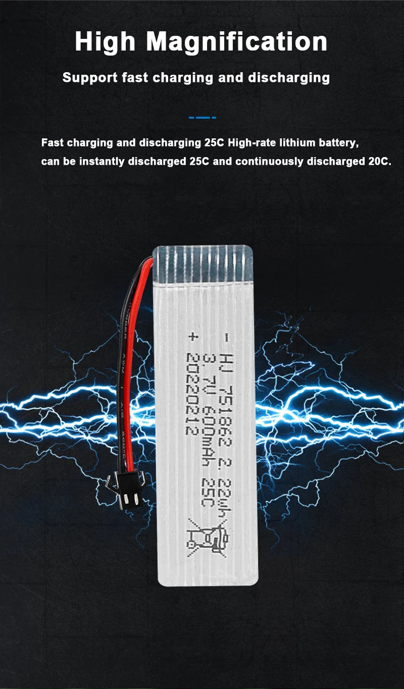 Lithium Battery 3.7V Jst 600mAh 751862 Batteries for Udi U818A WLtoys V959 V929 Drone Accessories Model Aircraft Drill 25C Li Po