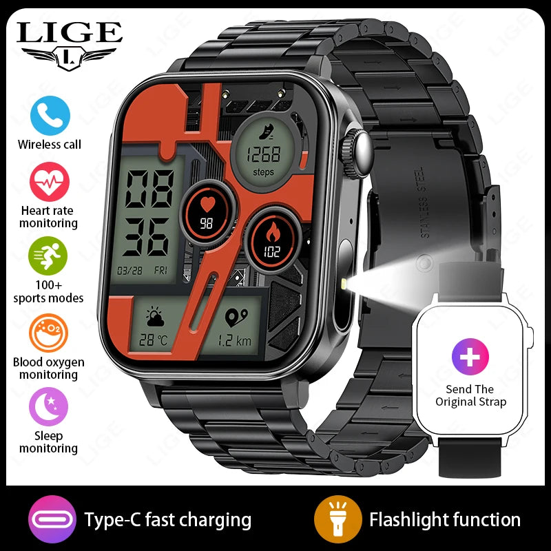 LIGE Type-C Smartwatch Men Women Health Manager Bluetooth Call Waterproof Sports Flashlight Smart Watch For Android iOS Phone