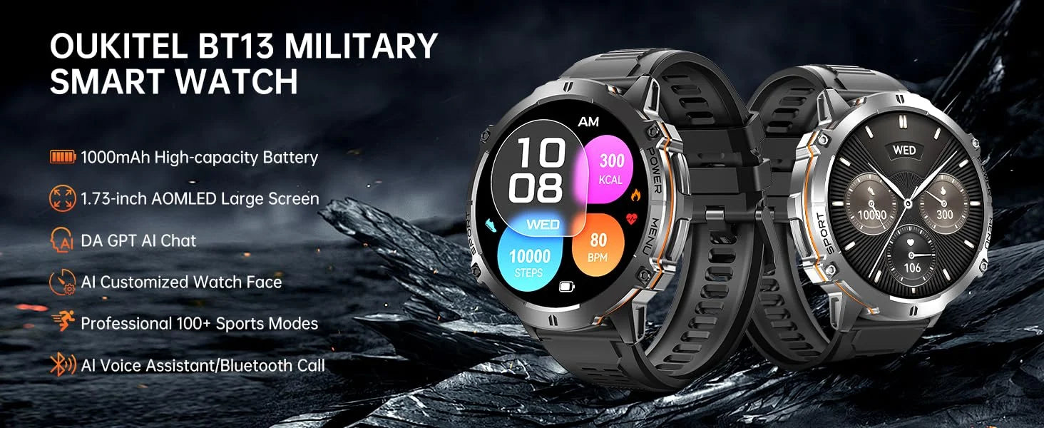 OUKITEL BT13 SmartWatch for Men 1.73" AMOLED 1000mAh, AI ChatGPT Bluetooth Calls Blood Oxygen Health Monitoring Fitness Watch