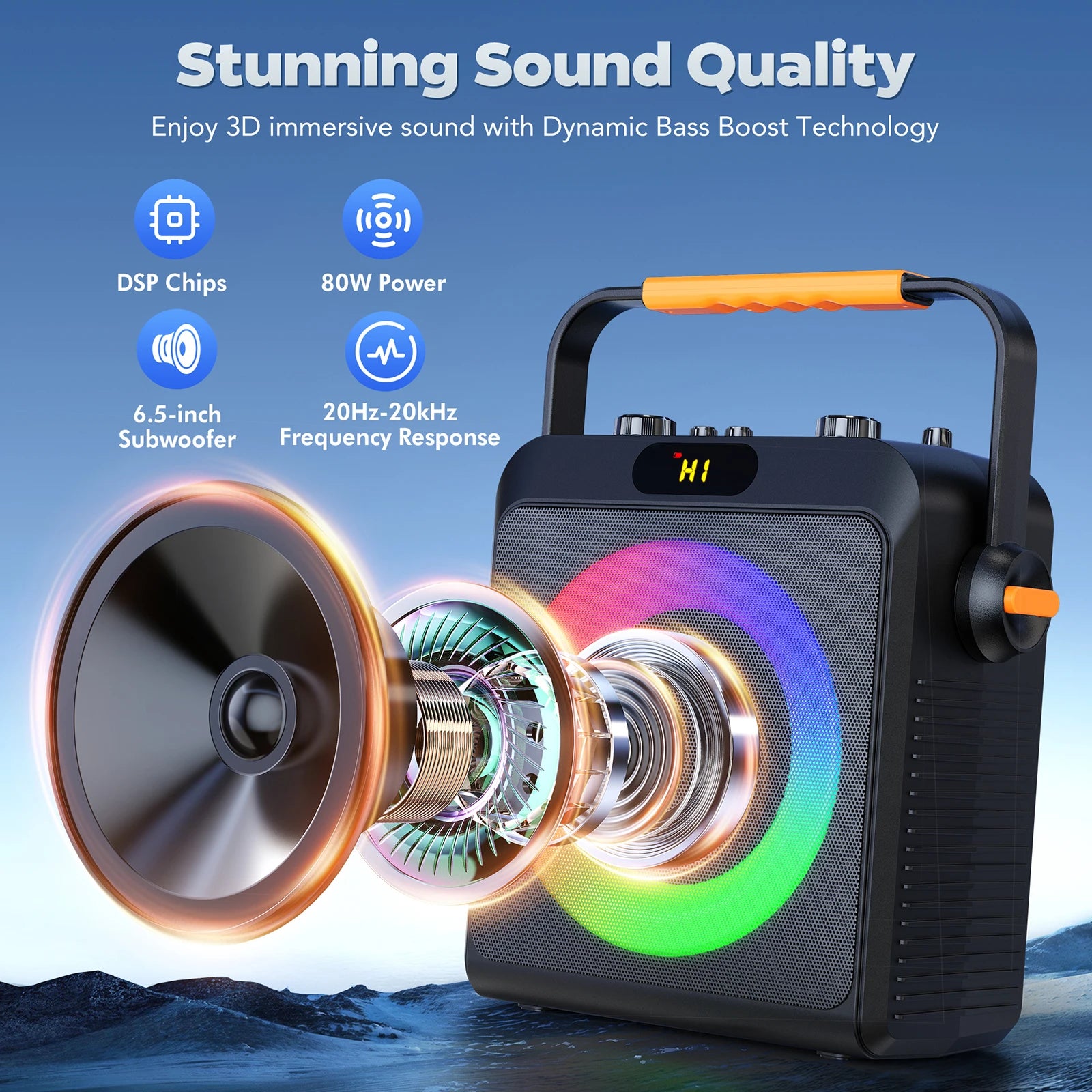 T19-T Karaoke machine with 2 wireless microphones, black Karaoke speakers with bass/treble adjustment