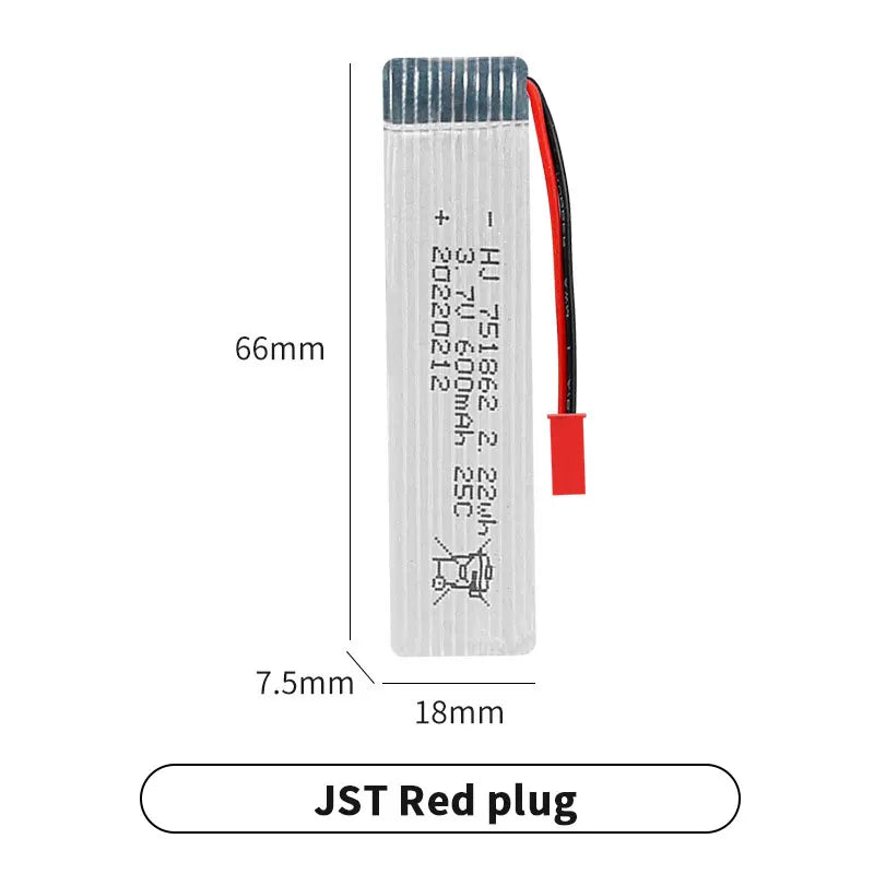 Lithium Battery 3.7V Jst 600mAh 751862 Batteries for Udi U818A WLtoys V959 V929 Drone Accessories Model Aircraft Drill 25C Li Po