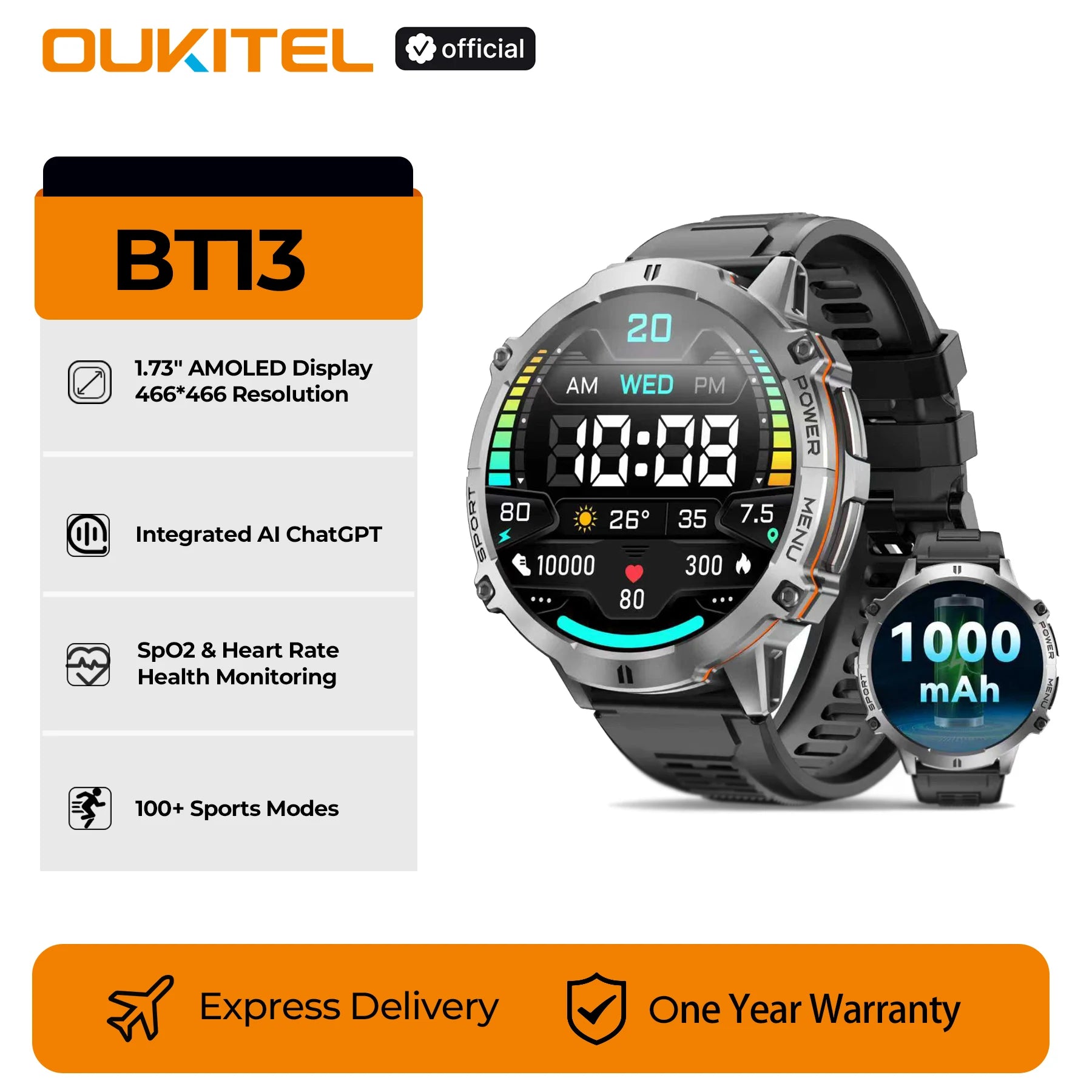 OUKITEL BT13 SmartWatch for Men 1.73" AMOLED 1000mAh, AI ChatGPT Bluetooth Calls Blood Oxygen Health Monitoring Fitness Watch