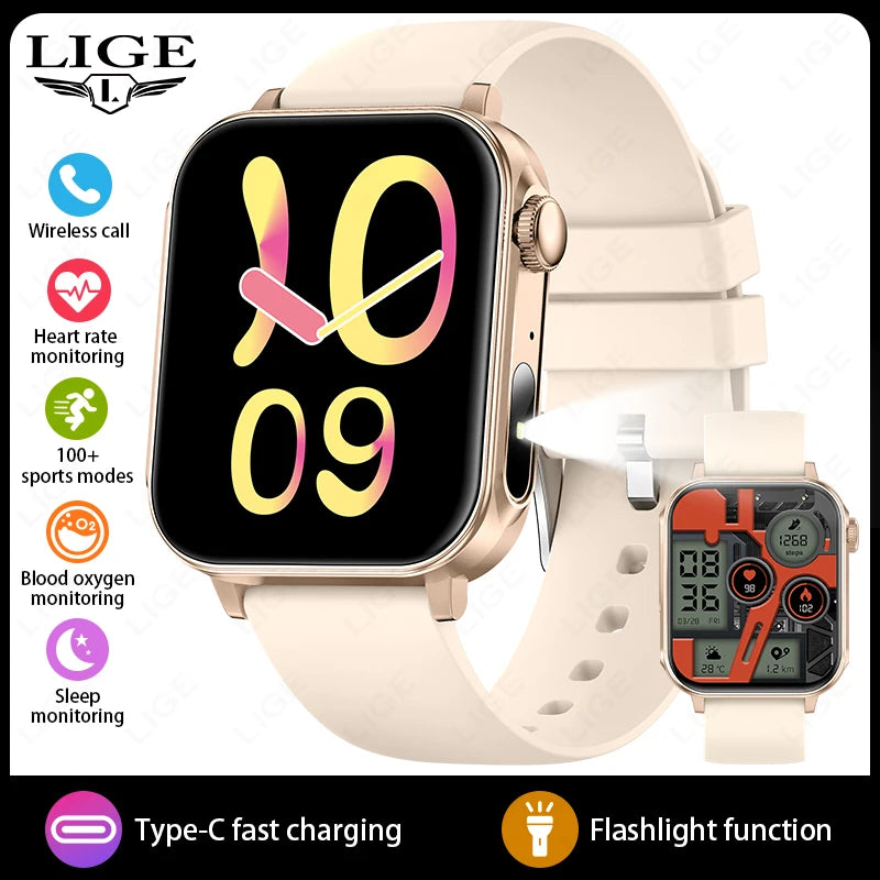 LIGE Type-C Fast Charging Smart Watch Men Women Bluetooth Call Watches LED Flashlight Waterproof Sports Fitness Smartwatch 2025