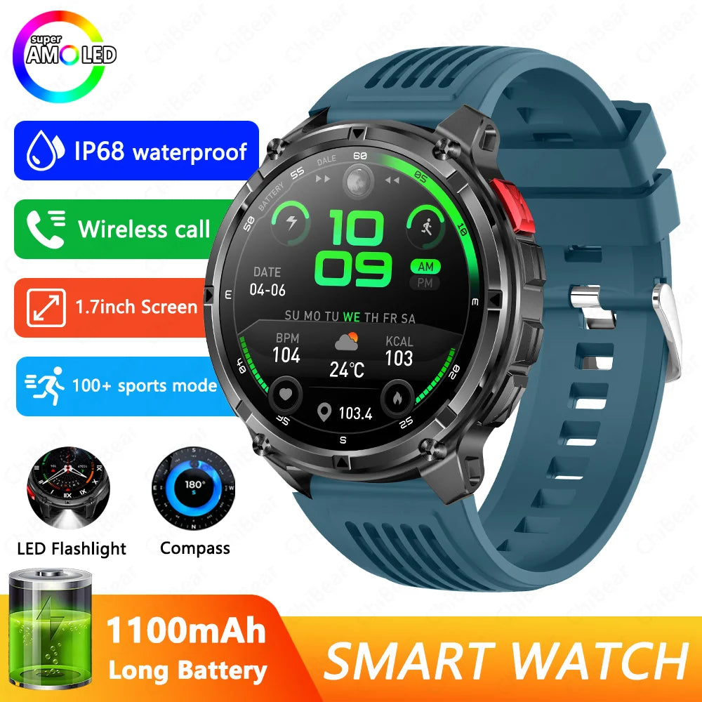 1100mAh Battery Smart Watch 1.7 Inch 360*360 AMOLED HD Screen Men Watch Compass 1ATM Waterproof Bluetooth Call Sports Smartwatch