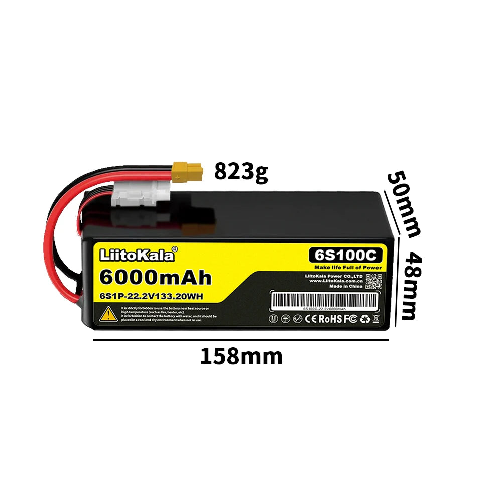 22.2V 50C 60C 80C 100C 6S 6000mAh 10000mAh 12000mAh 16000mAh Lithium Polymer Battery with XT60 X90 Plug, Suitable for Drones