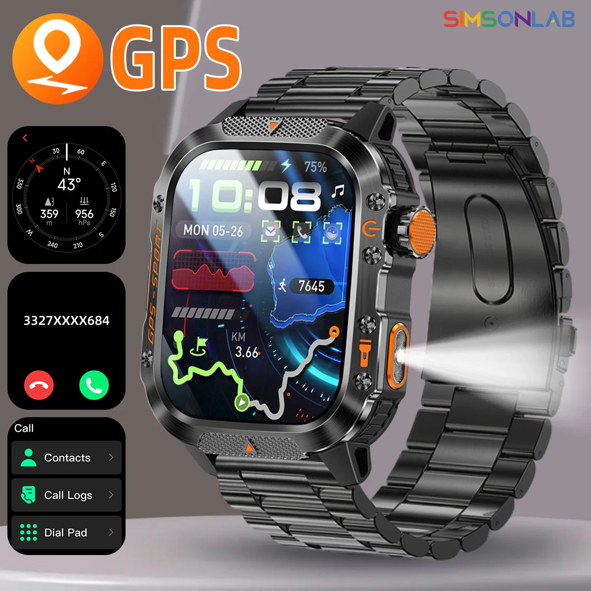 New Smart Watch Built-in Dual-frequency GPS Wireless Call 3ATM Waterproof  LED Flashlight Compass Men's Outdoor Sport Smartwatch