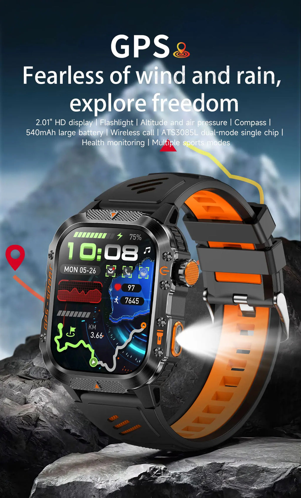 New Military Outdoor Sports GPS Smart Watch Men Built-in GPS Compass 10ATM Waterproof Swim Heart rate Bluetooth Call SmartWatch