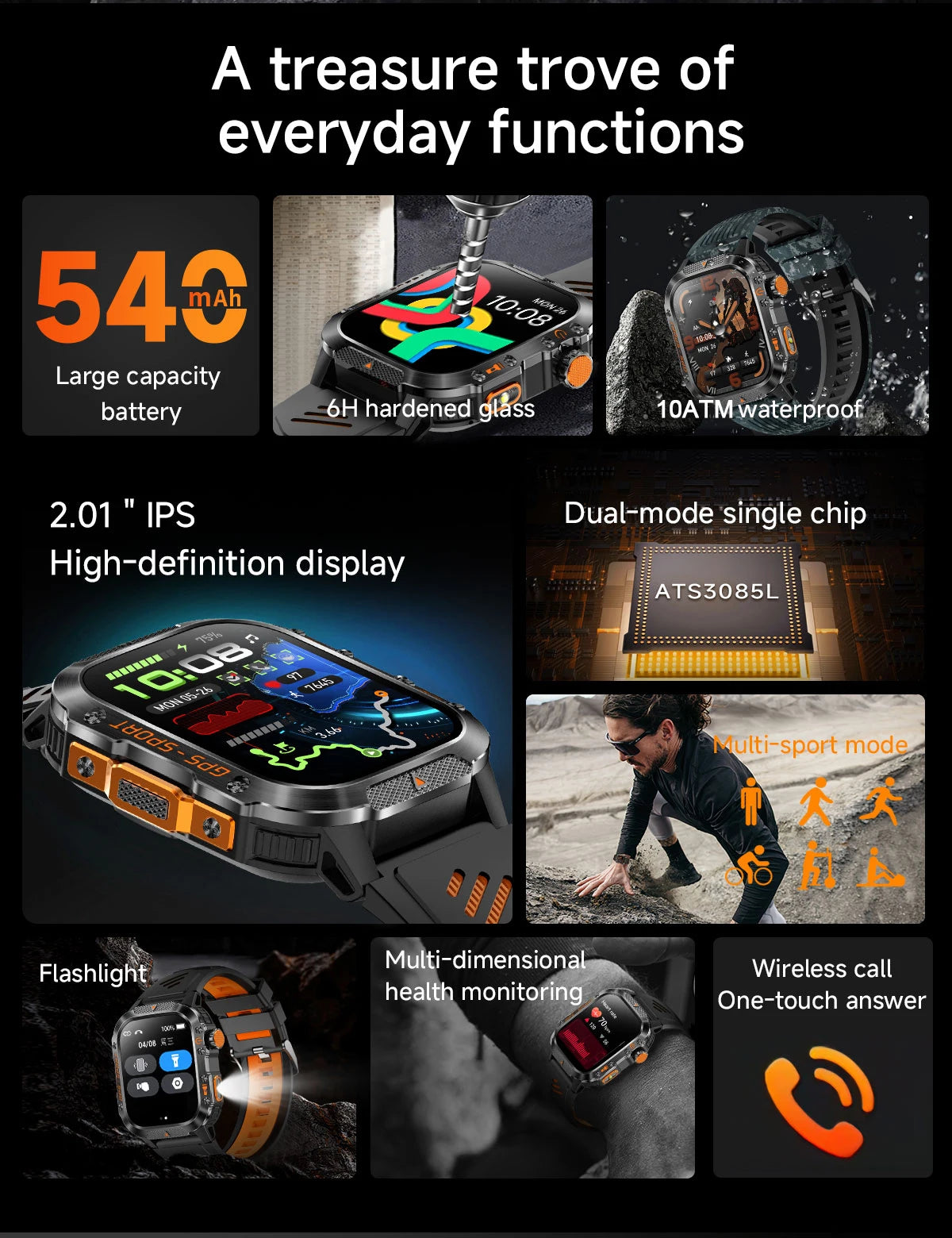 New Military Outdoor Sports GPS Smart Watch Men Built-in GPS Compass 10ATM Waterproof Swim Heart rate Bluetooth Call SmartWatch - Clear Quartz Market