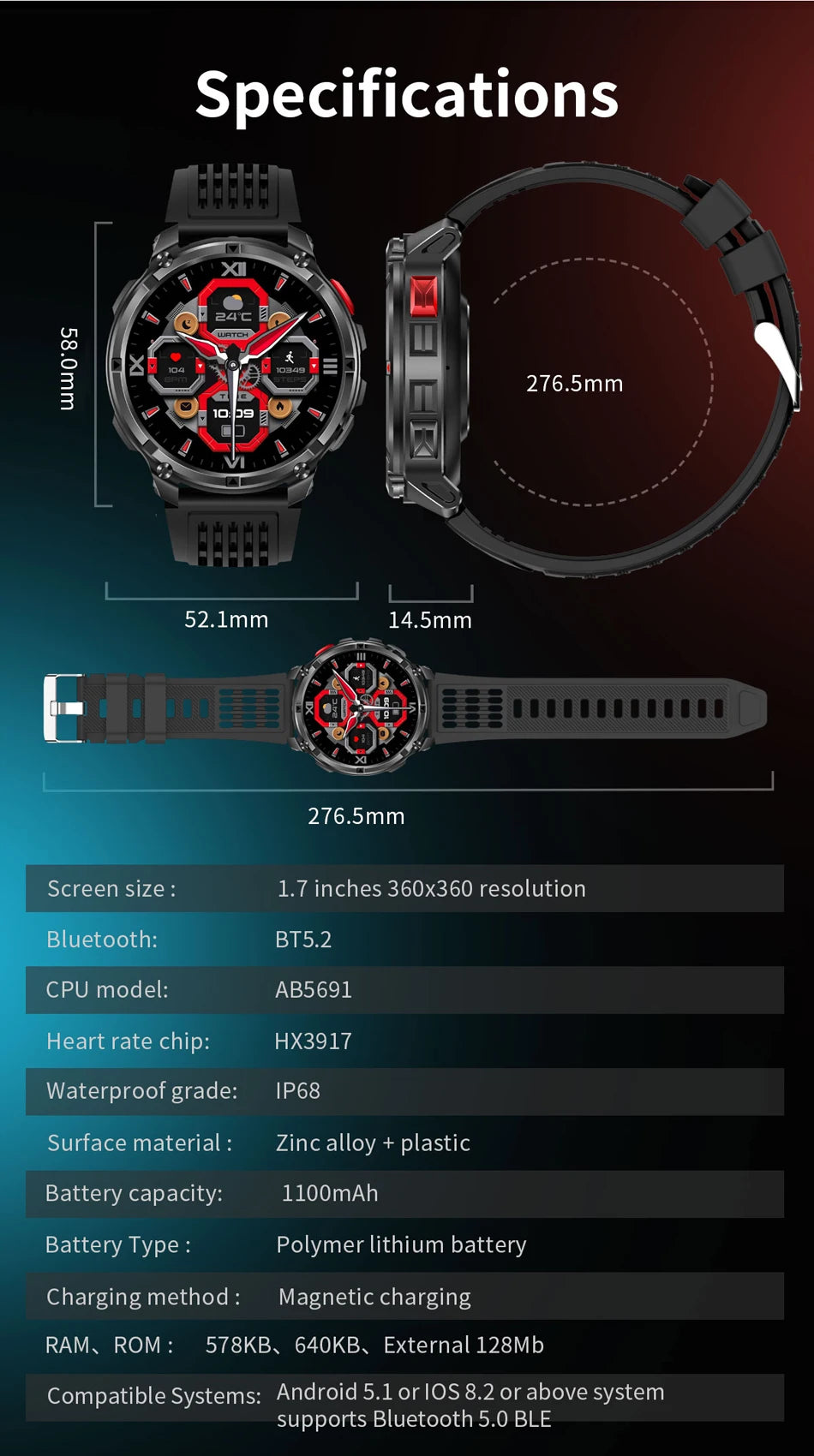 1100mAh Battery Smart Watch 1.7 Inch 360*360 AMOLED HD Screen Men Watch Compass 1ATM Waterproof Bluetooth Call Sports Smartwatch