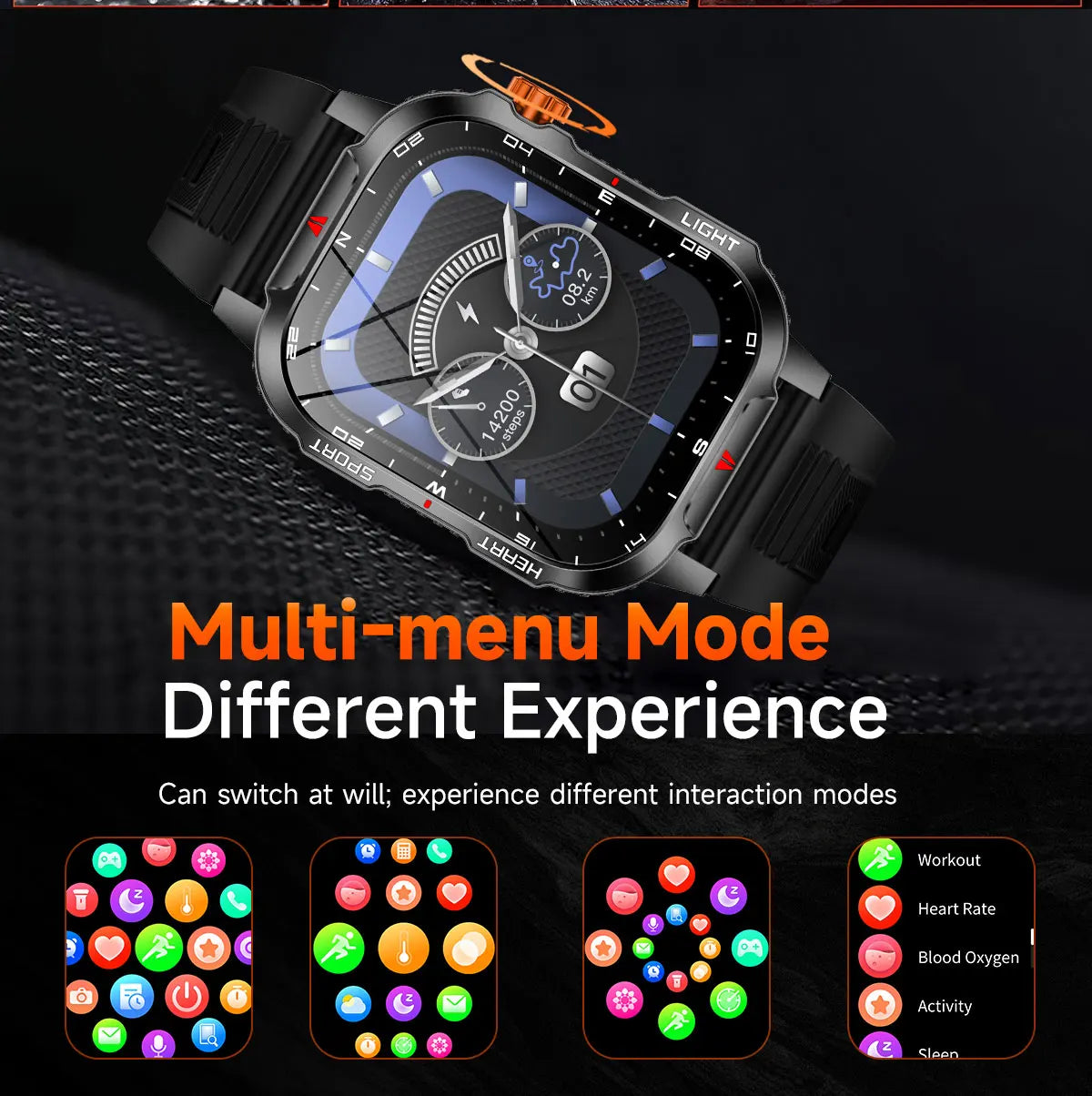 2025 Global Hiking Smartwatch 2.01''Screen 1100mAh Battery LED Light Compass IP68 Voice Assistant Outdoor Sport  Fitness Watch