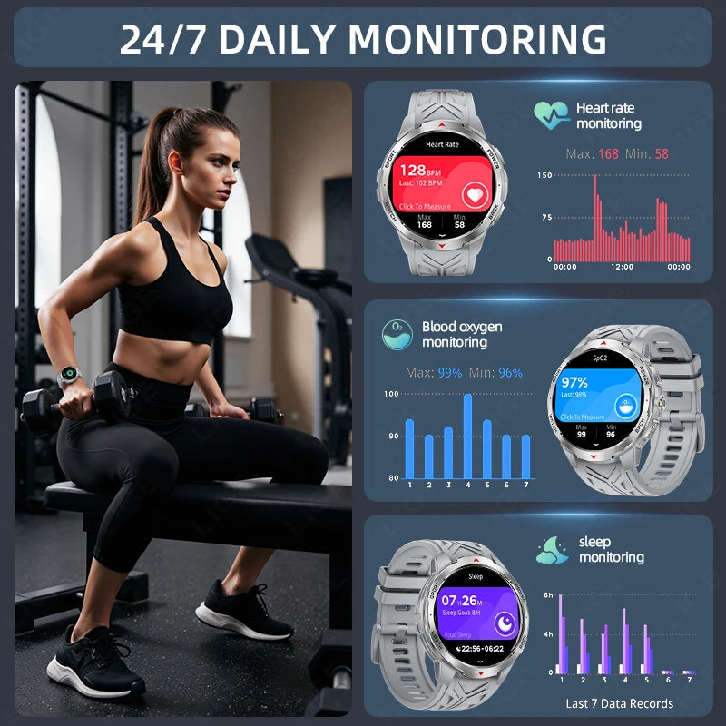 LIGE 1.7“ HD Screen LED Flashlight Outdoor Sports Smart Watch 2025 New 1100mAh Battery Compass 3ATM Waterproof SmartWatch Men