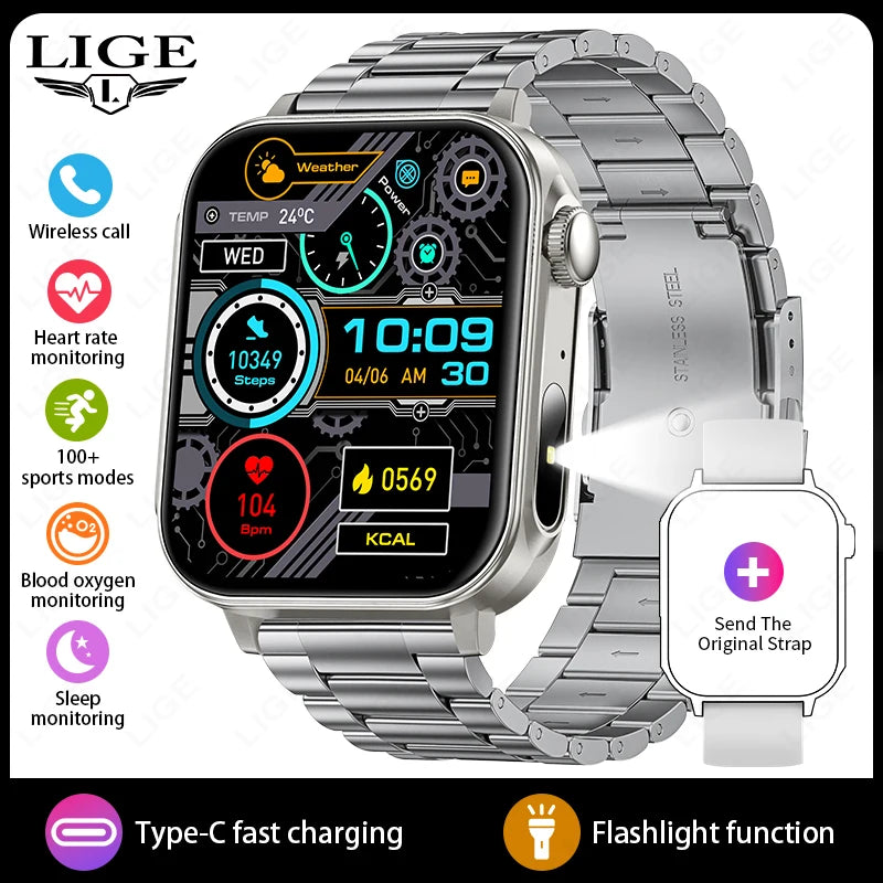 LIGE Type-C Smartwatch Men Women Health Manager Bluetooth Call Waterproof Sports Flashlight Smart Watch For Android iOS Phone