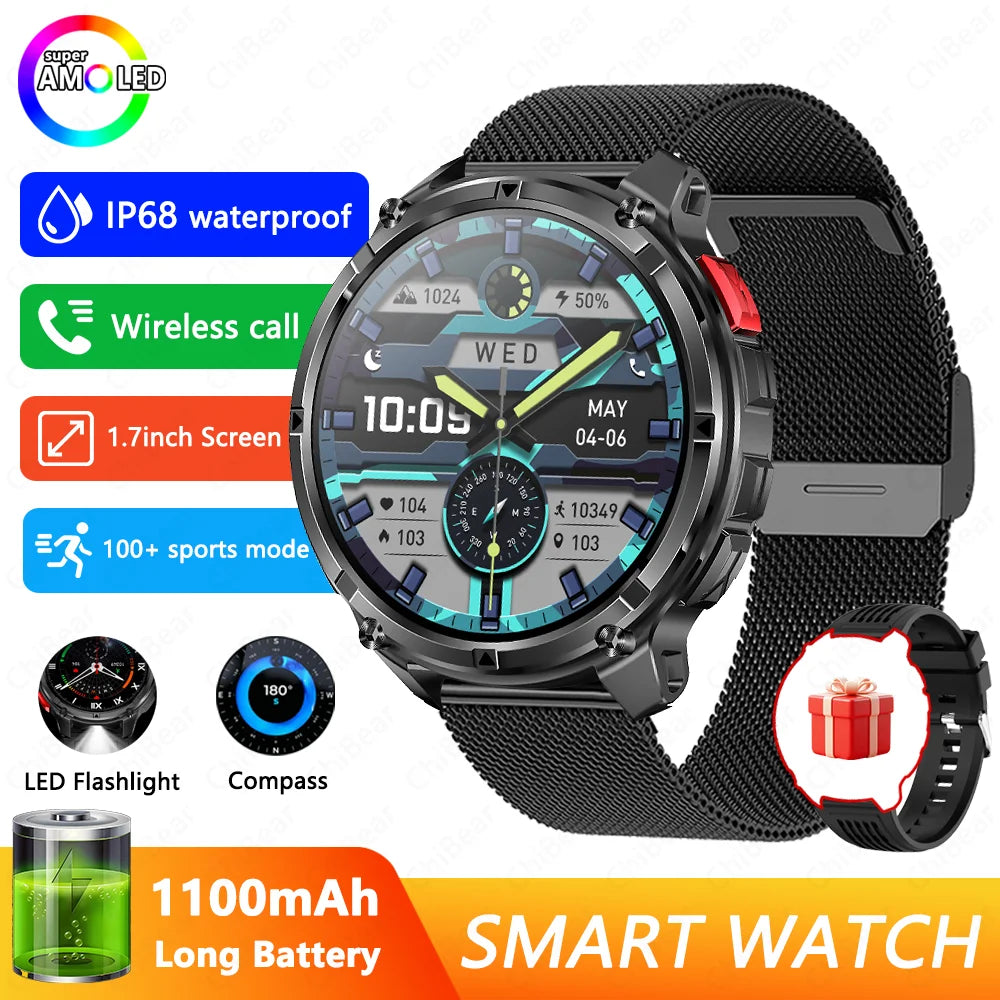 1100mAh Battery Smart Watch 1.7 Inch 360*360 AMOLED HD Screen Men Watch Compass 1ATM Waterproof Bluetooth Call Sports Smartwatch