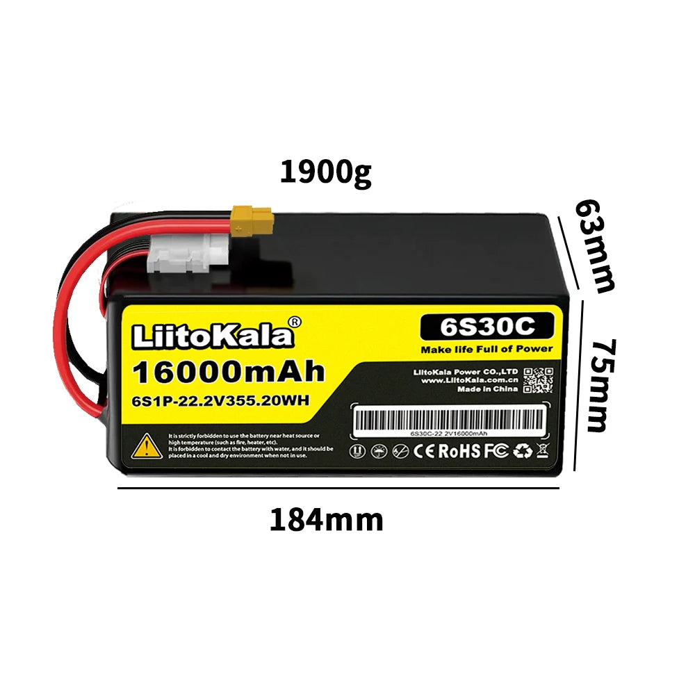 22.2V 50C 60C 80C 100C 6S 6000mAh 10000mAh 12000mAh 16000mAh Lithium Polymer Battery with XT60 X90 Plug, Suitable for Drones