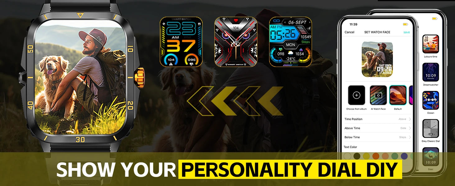 EIGIIS Smart Watch 3ATM Waterproof 1.96" IPS Screen Military KT71 Men 100+ Sport Mode Heart Rate Blood Pressure Bluetooth Call - Clear Quartz Market