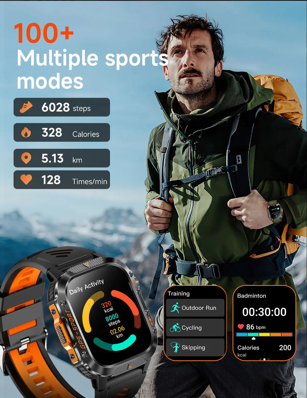 New Military Outdoor Sports GPS Smart Watch Men Built-in GPS Compass 10ATM Waterproof Swim Heart rate Bluetooth Call SmartWatch - Clear Quartz Market