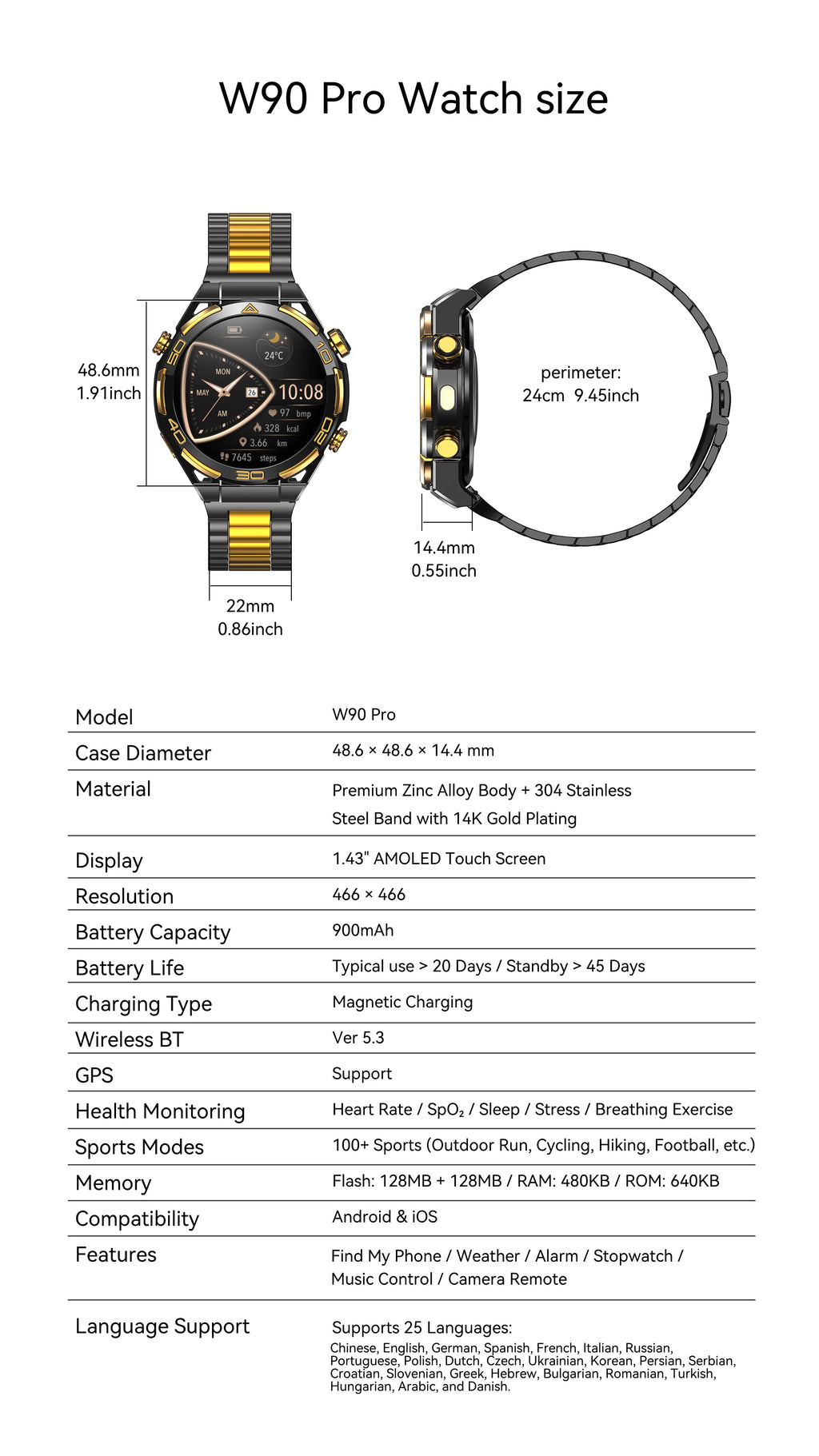 Blackview W90 Pro Smartwatch 1.43" AMOLED Display,Bluetooth Calling,Heart Rate Monitor, 900mAh/ 20Days Standby,Men's Smartwatch