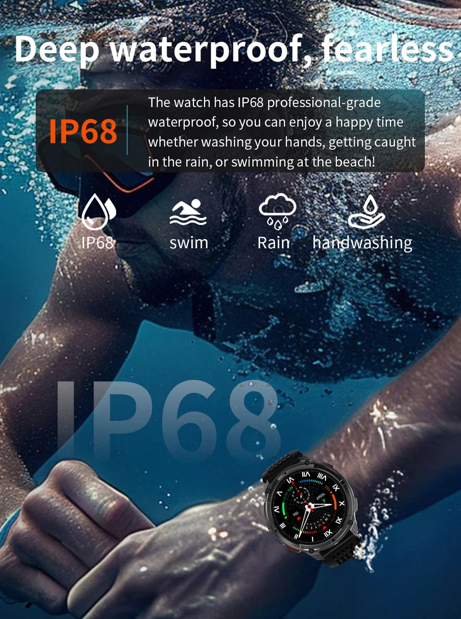 1100mAh Battery Smart Watch 1.7 Inch 360*360 AMOLED HD Screen Men Watch Compass 1ATM Waterproof Bluetooth Call Sports Smartwatch