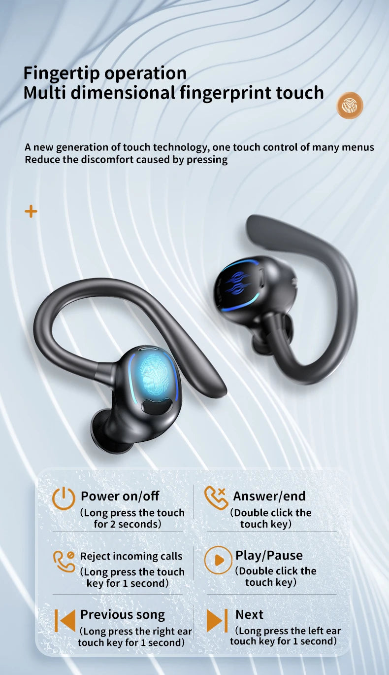 Sports Bluetooth 5.4 Earphones,True Wireless Headphones with Mic Touch Control,Noise Reduction Earhooks Waterproof TWS Earbuds