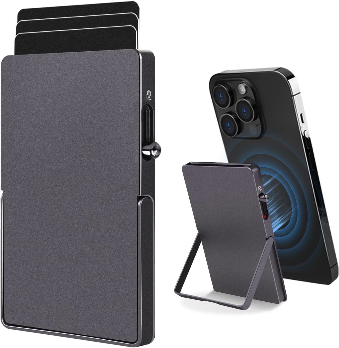 RFID Blocking Wallet Minimalist Slim Card Holder for Magsafe with Adjustable Stand, Metal Pop Up Magnetic Wallet for Men TOYFID - Clear Quartz Market