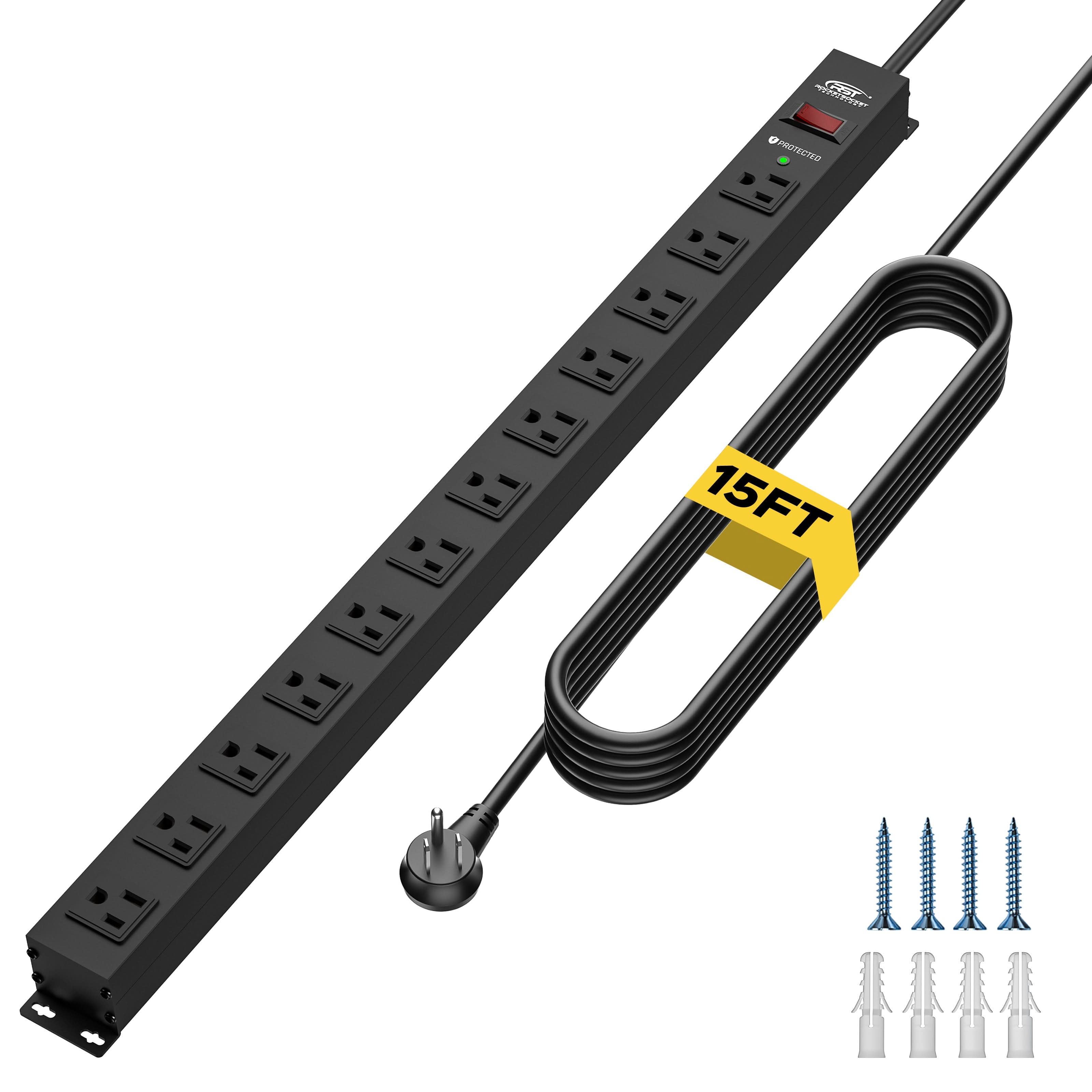 CRST 12 Outlets Wide Spaced Mountable Metal Long Power Strip Surge Protector, Flat Plug Power Cord, 36 Months Warranty - Clear Quartz Market